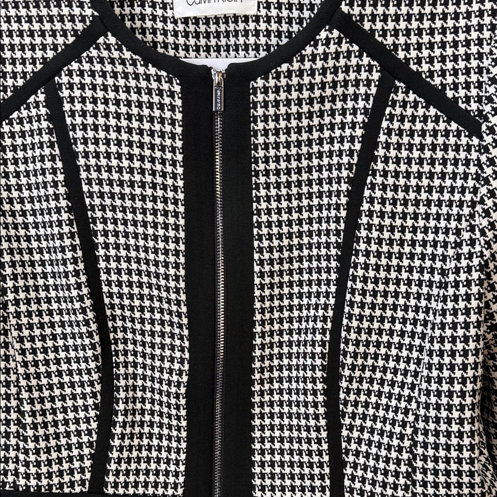 Calvin Klein Black and White Houndstooth Collarless Zip Jacket - Picture 3 of 12